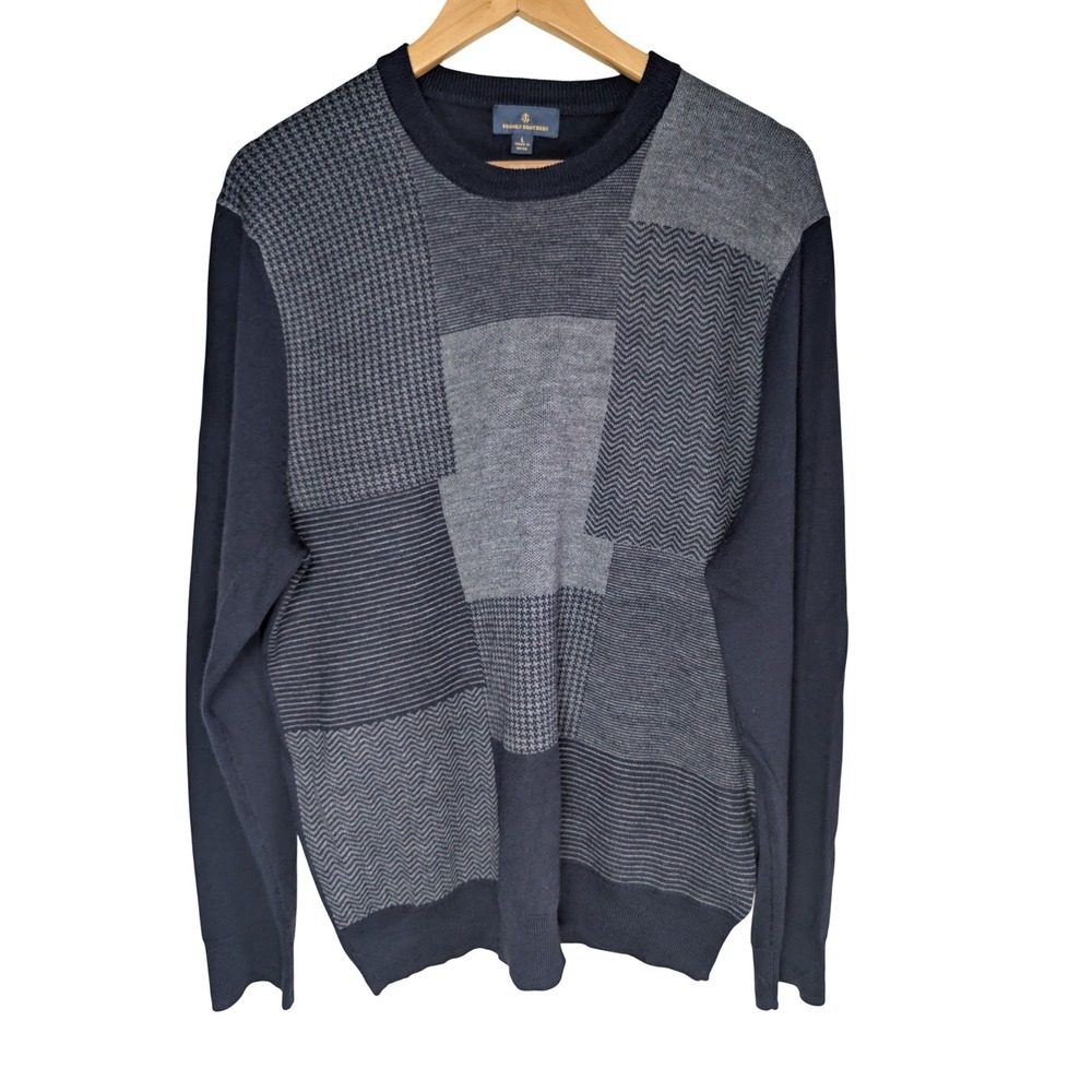 Brooks Brothers Merino Wool Patchwork Crewneck Sweater L Navy Grey Houndstooth